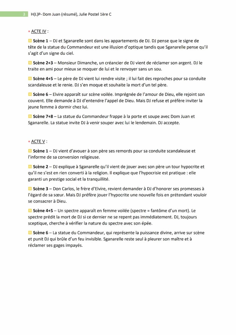 1 H(L)P- Dom Juan (résumé), Julie Postel 1ère C
- Littérature : Dom Juan, résumé -
• RECAP:
→ Dom Juan est un seigneur libertin qui vient d'
