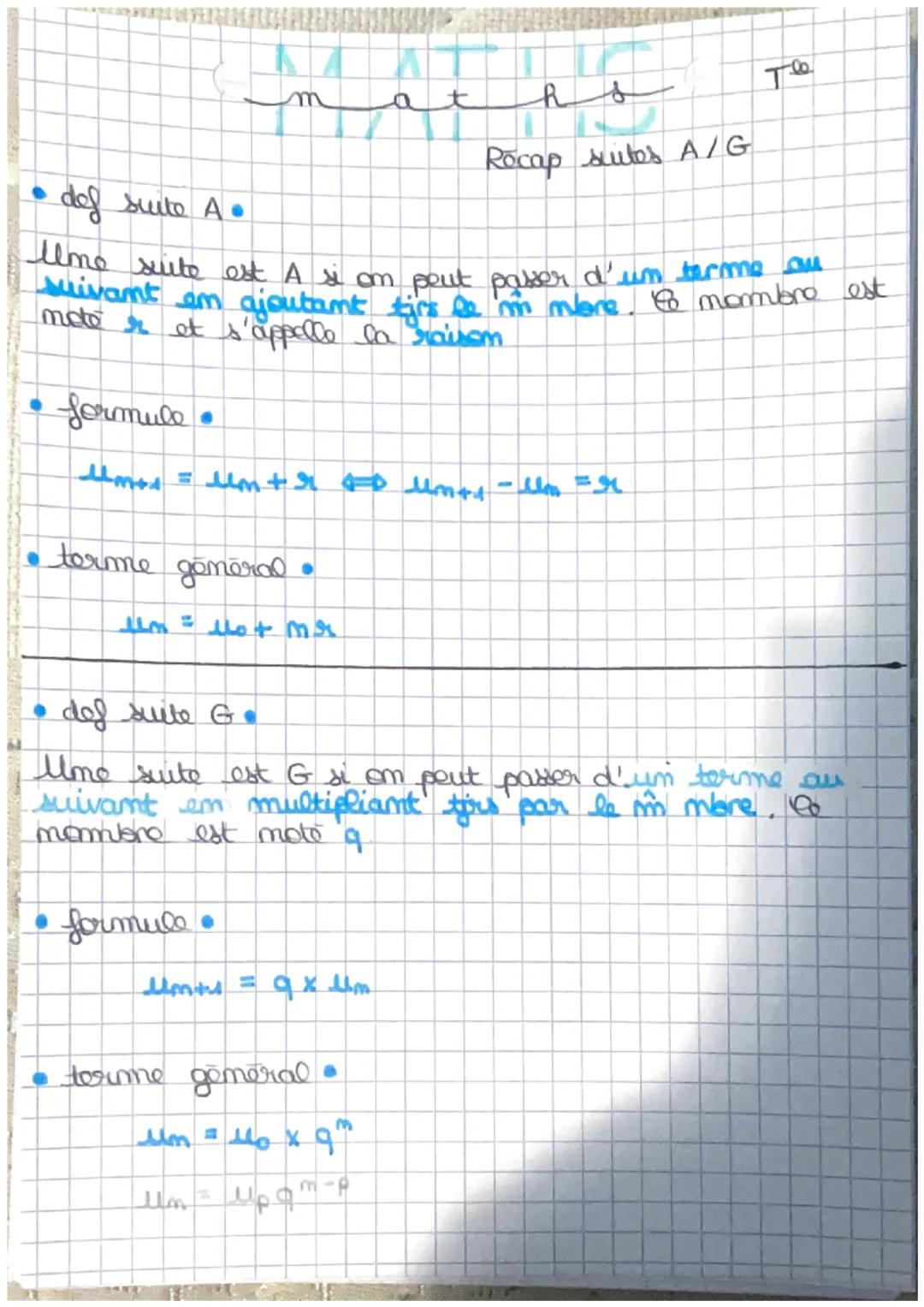 • formule.
def suite A.
Ilme suite est A si om peut passer d'un terme au
est
mote r et s'appelle la raisom.
terme général •
um+ = μm +runt-l