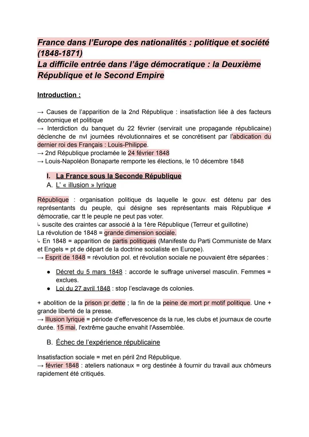 France dans l'Europe des nationalités : politique et société
(1848-1871)
La difficile entrée dans l'âge démocratique : la Deuxième
Républiqu