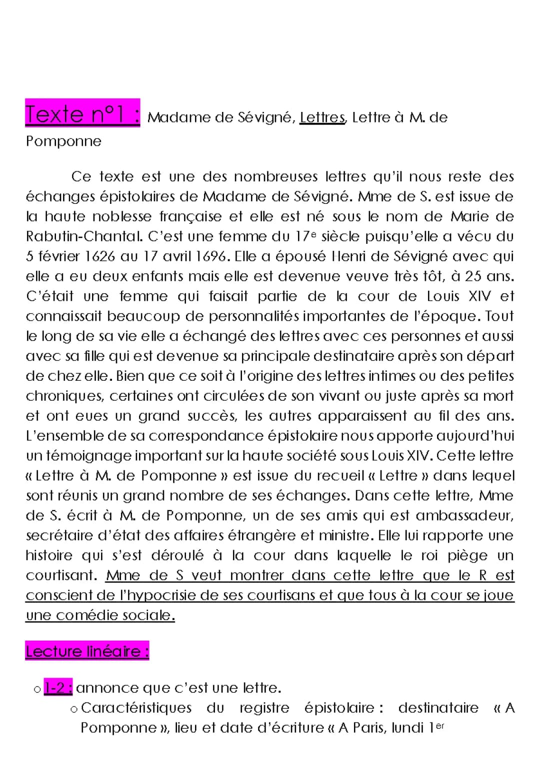 Madame de Sévigné Lettre à Pomponne - Analyse Linéaire
