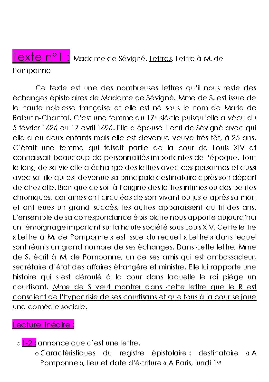 Madame de Sévigné Lettre à Pomponne - Analyse Linéaire