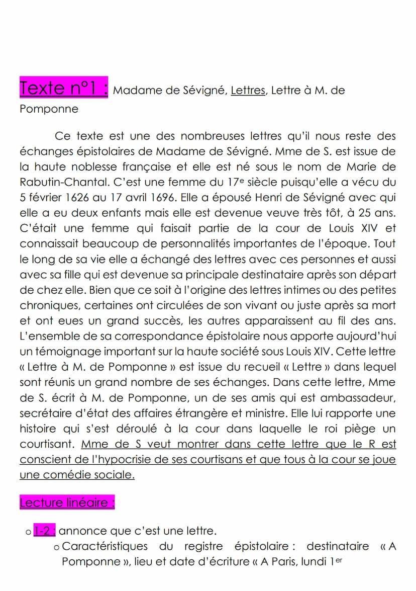 Texte n°1: Madame de Sévigné, Lettres, Lettre à M. de
Pomponne
Ce texte est une des nombreuses lettres qu'il nous reste des
échanges épistol