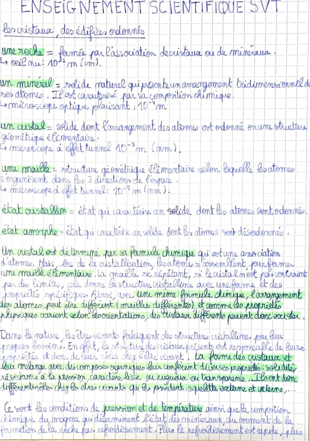Fiche d'étude sur les cristaux : cours, définitions et exercices corrigés en SVT