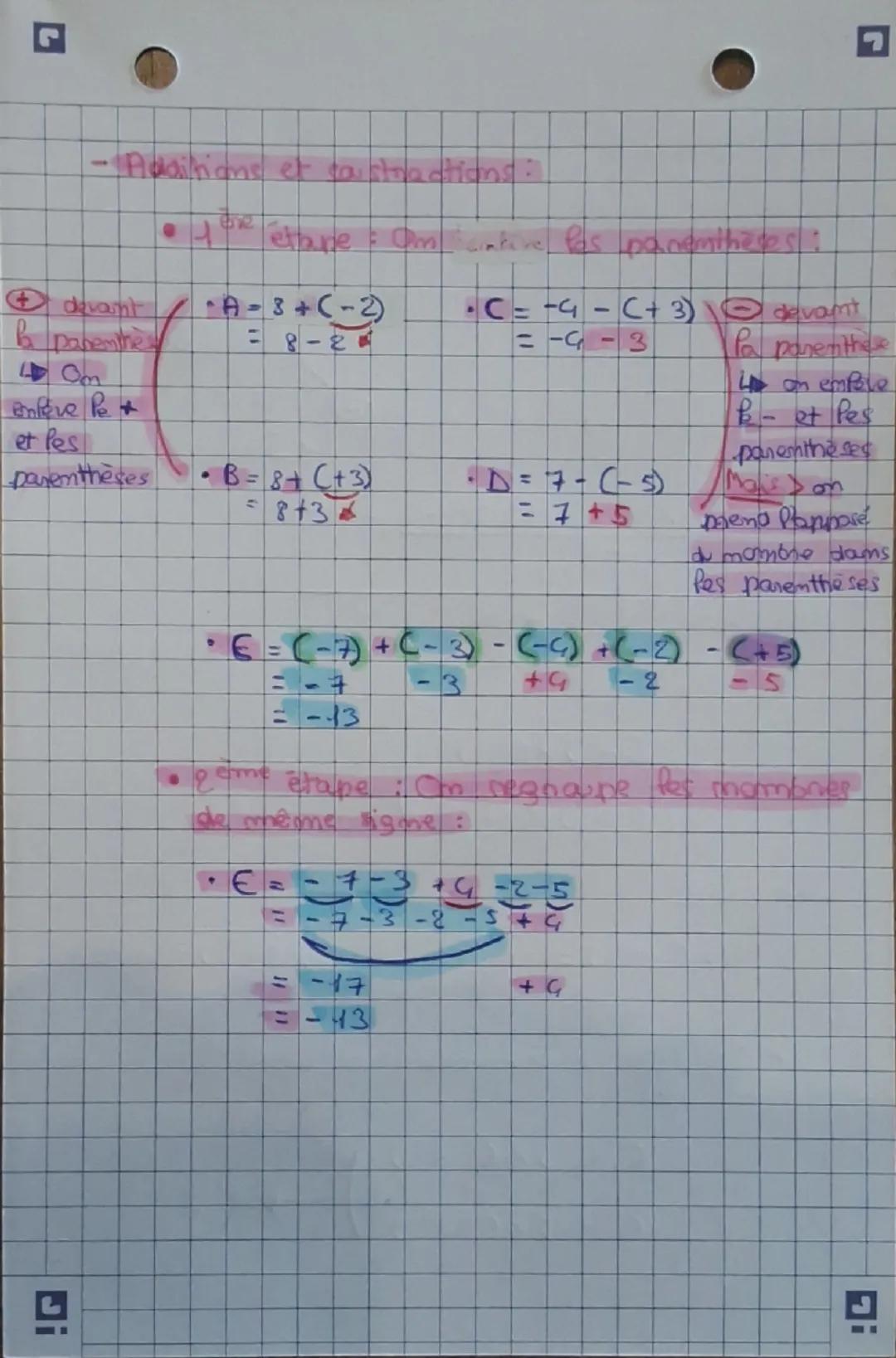## Mathématiques

- Multiplication et divisions:

 on compte les signes

Exemple :
$A = -4 \times 2 \times 3 \times (-3) \div (-4) = -36$
$-