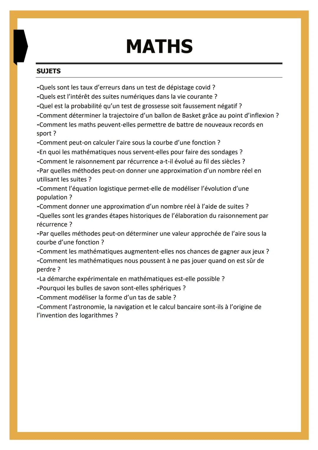 SUJETS
MATHS
-Quels sont les taux d'erreurs dans un test de dépistage covid?
-Quels est l'intérêt des suites numériques dans la vie courante