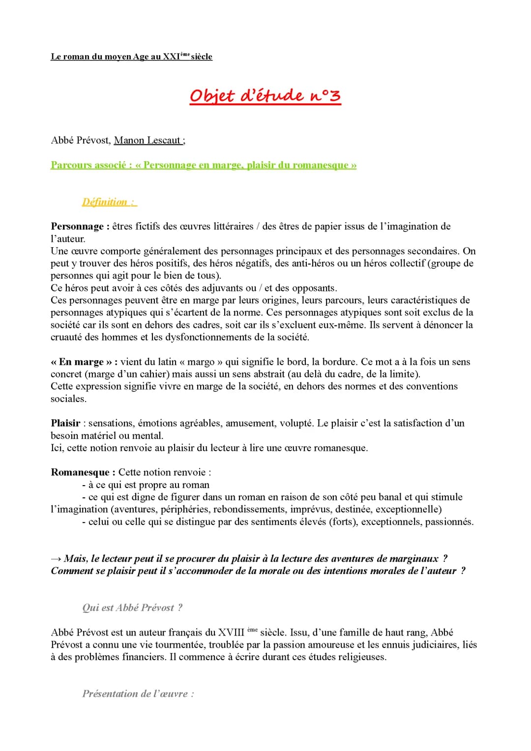 Fiche de révision pour une dissertation sur Manon Lescault 