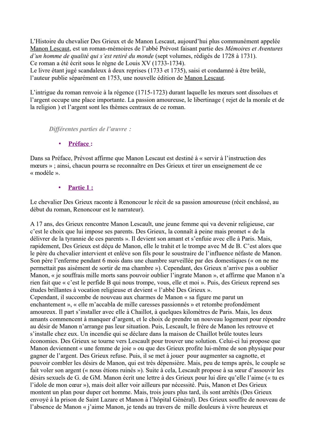 Le roman du moyen Age au XXIème siècle
Objet d'étude n°3
Abbé Prévost, Manon Lescaut ;
Parcours associé : « Personnage en marge, plaisir du 