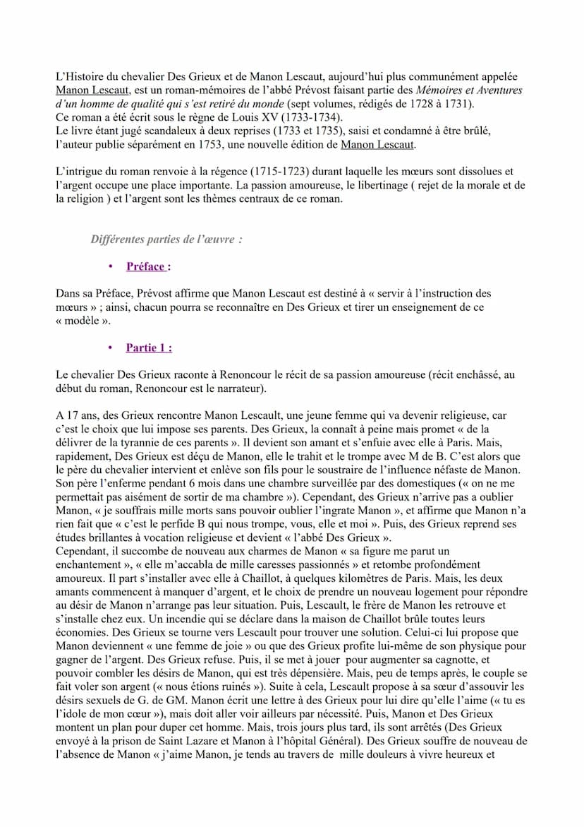 Le roman du moyen Age au XXIème siècle
Objet d'étude n°3
Abbé Prévost, Manon Lescaut ;
Parcours associé : « Personnage en marge, plaisir du 