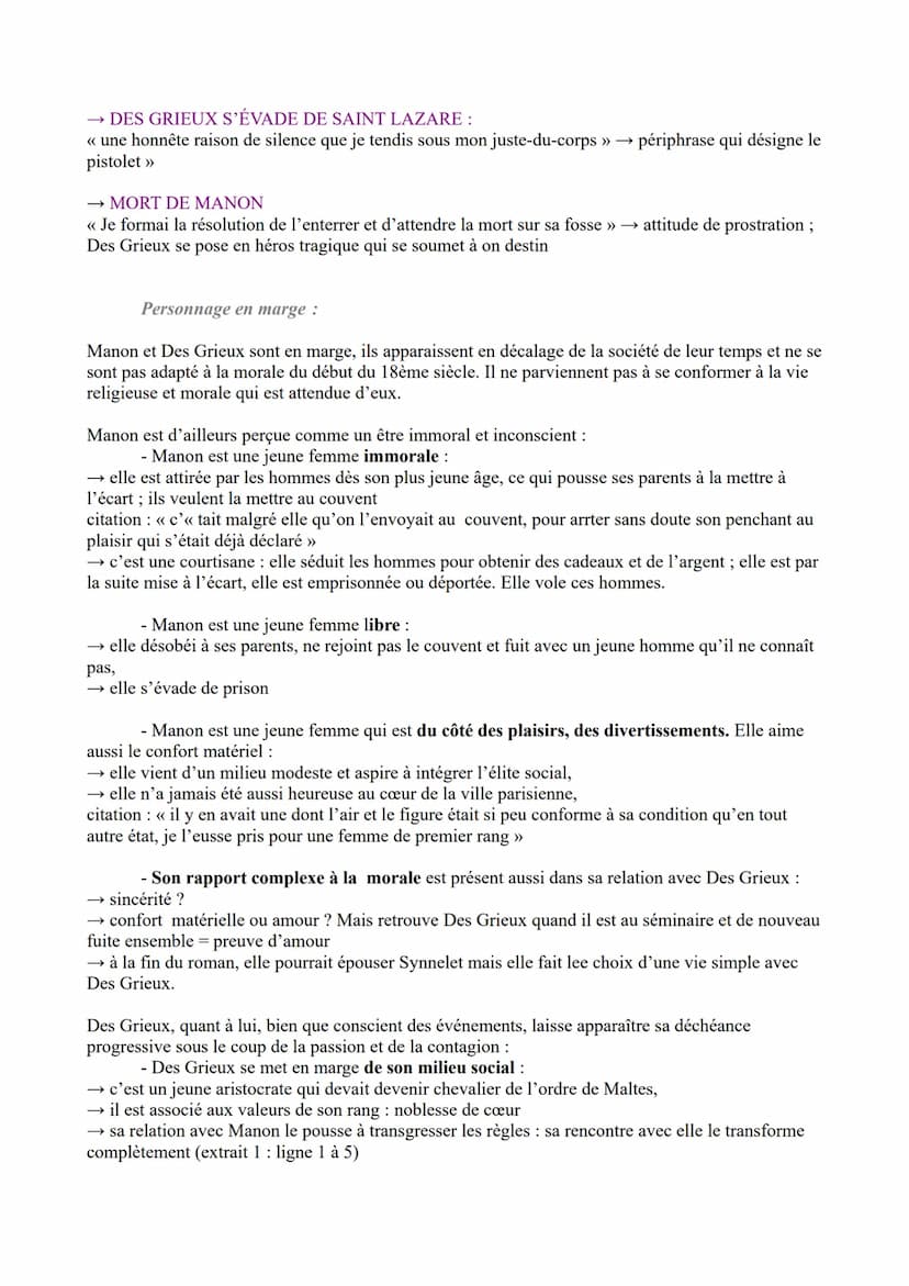 Le roman du moyen Age au XXIème siècle
Objet d'étude n°3
Abbé Prévost, Manon Lescaut ;
Parcours associé : « Personnage en marge, plaisir du 