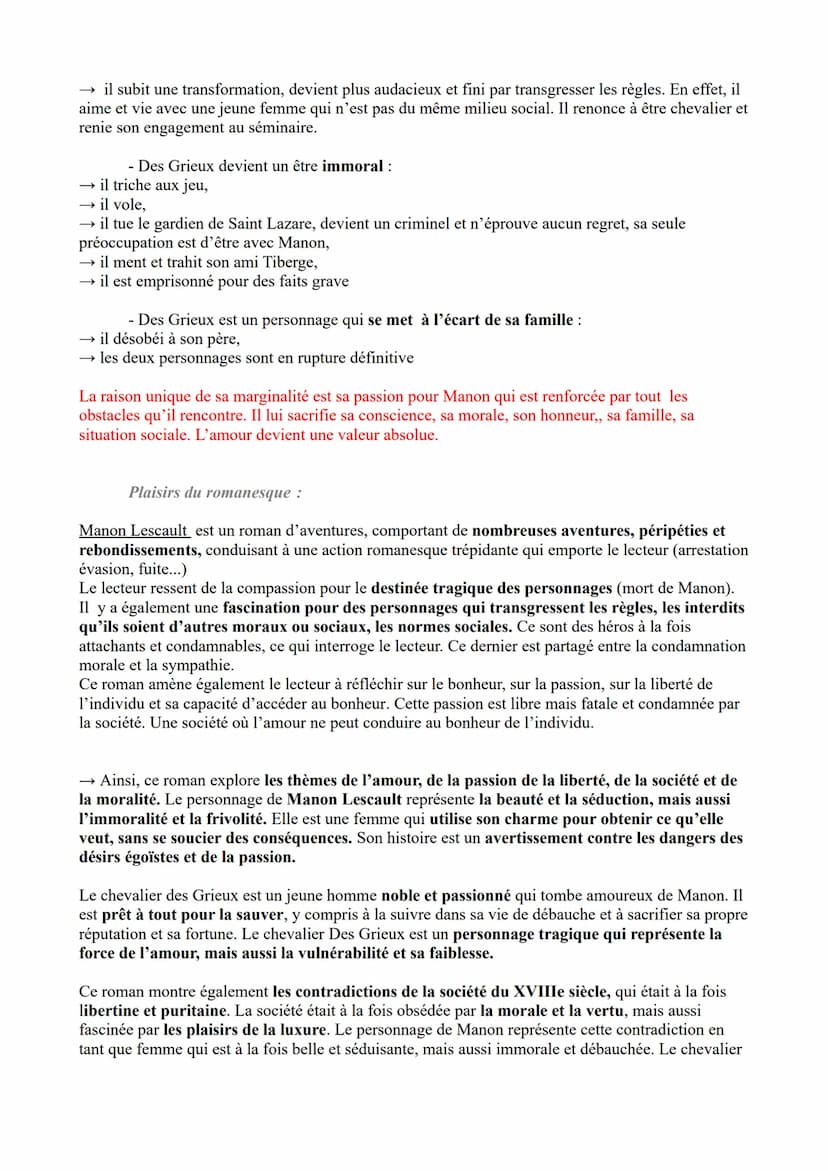 Le roman du moyen Age au XXIème siècle
Objet d'étude n°3
Abbé Prévost, Manon Lescaut ;
Parcours associé : « Personnage en marge, plaisir du 