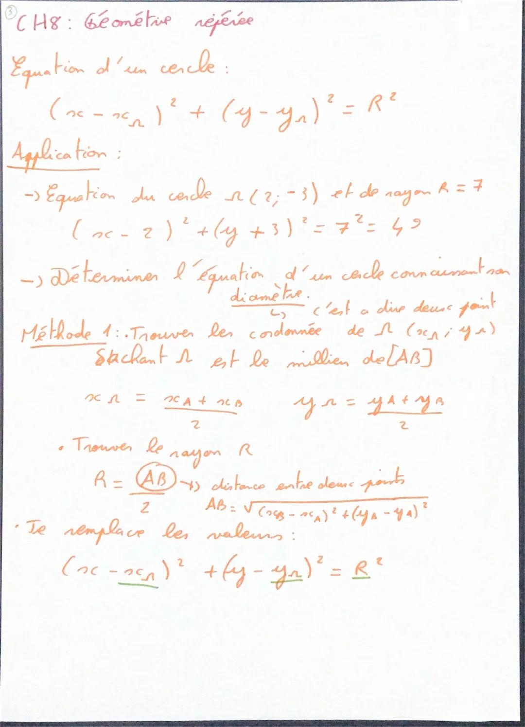 CH8: Geométrie référée
Equation d'un cercle:
(~=~²₁)² + (y-y₂₁)² = R²
2
Application
rayon
- Equation du cercle 2 (2; -3) et de
(x - 2)² + (y