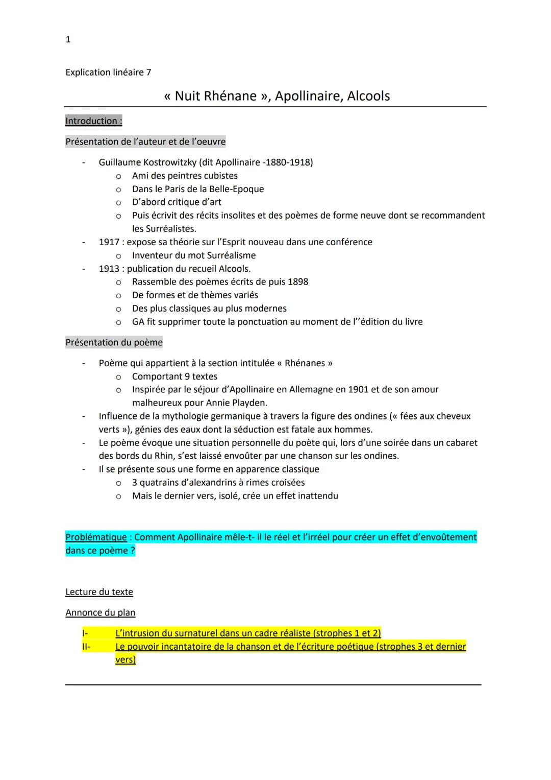 1
Explication linéaire 7
Introduction:
Présentation de l'auteur et de l'oeuvre
« Nuit Rhénane », Apollinaire, Alcools
Guillaume Kostrowitzky