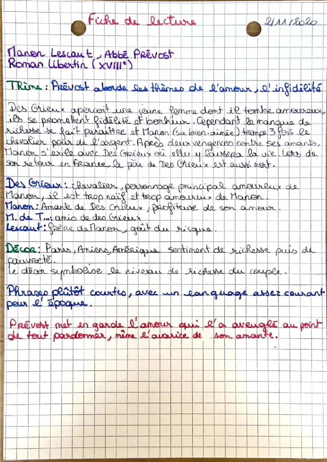 Manon Lescaut - Fiche de Lecture PDF et Résumé par Chapitre
