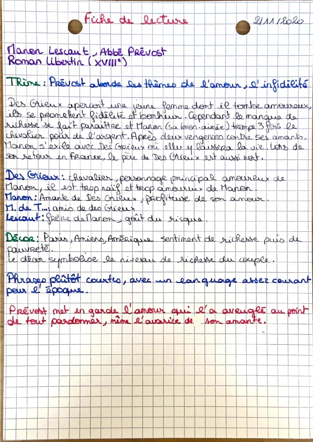 Fiche de lecture
211/2020
Manon Lescaut, Abbé Prévost
Roman Libertin (xville)
TRème : Prévost aborde les thèmes de l'amour, I' infidélité
De
