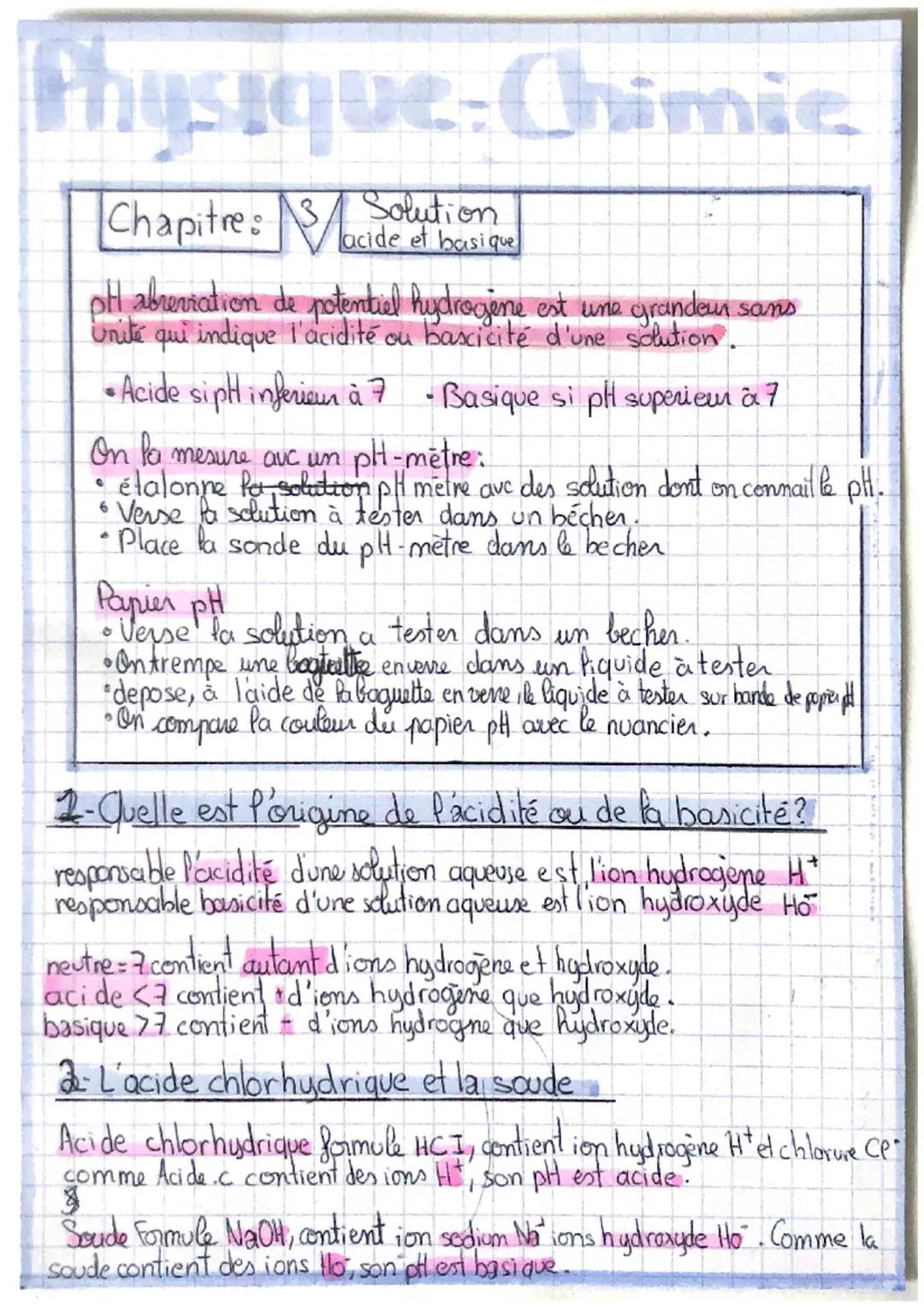 Physique-Chimic
Solution
Chapitre: Mocide et basique
pH abreviation de potentiel hydrogène est une grandeur sans
Unité
que indique l'acidité