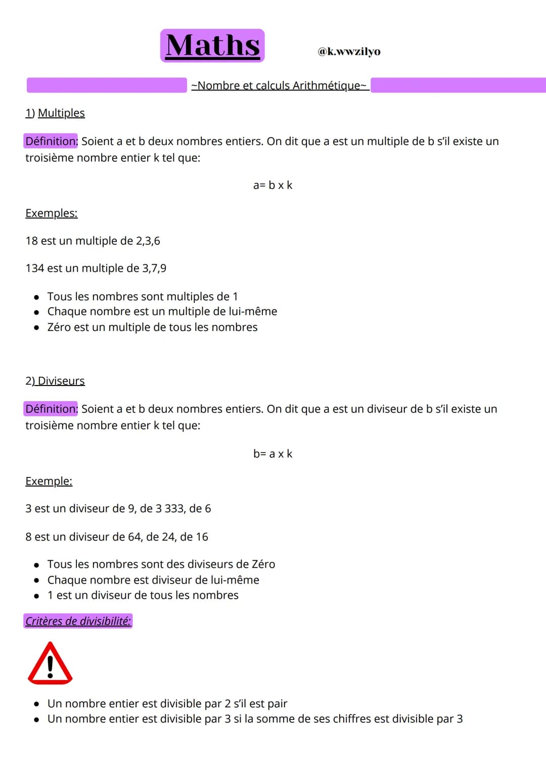 --- OCR Start ---
Maths
@k.wwzilyo
-Nombre et calculs Arithmétique~
1) Multiples
Définition: Soient a et b deux nombres entiers. On dit que 