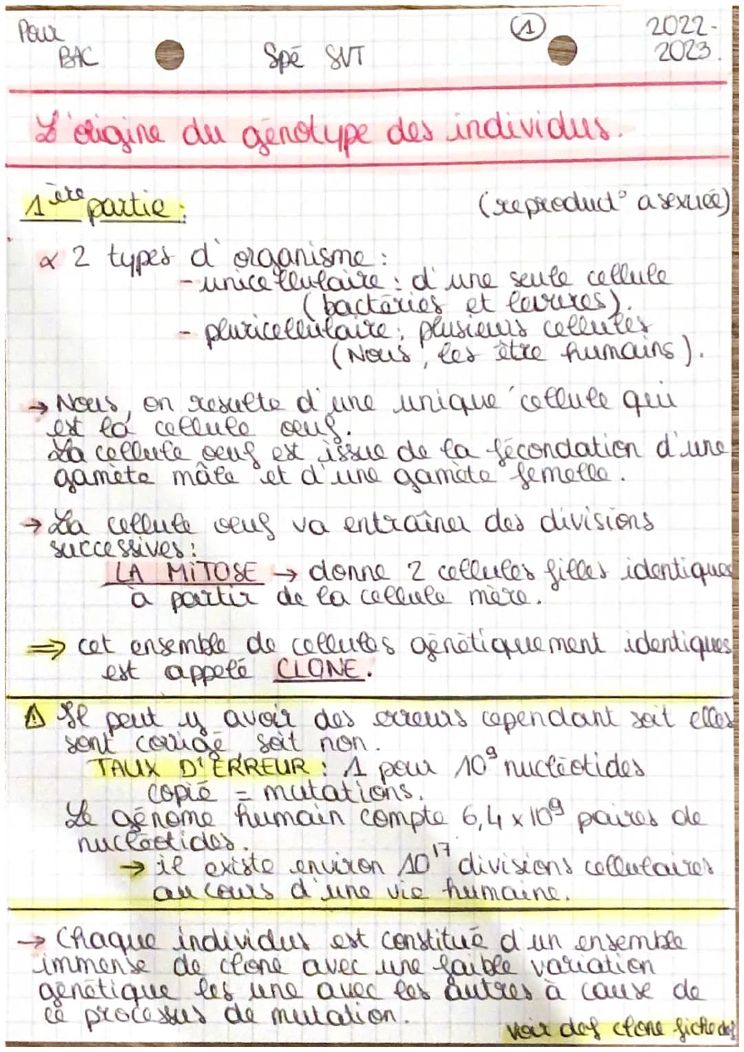 Pour
BAC
Spé SUT
L'origine du genotype des individus.
1 et partie :
x 2 types d'organisme:
2022-
2023
(see product a sexuée)
- unice Elulair