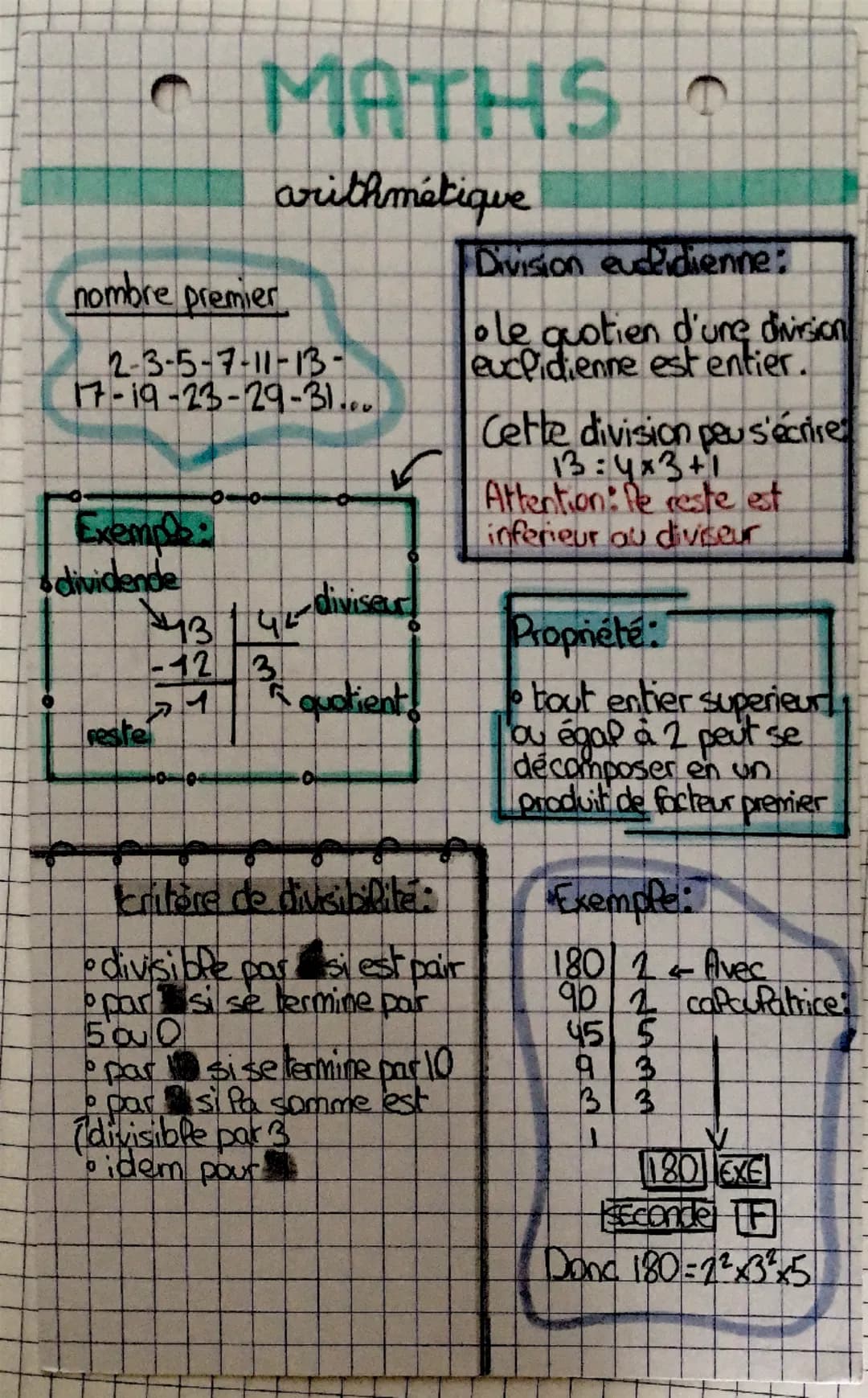 • MATHS
arithmétique
nombre premier
Division euclidienne:
2-3-5-7-11-13-
17-19-23-29-31...
Exemple:
dividende
ste
42-diviseur!
43/44
-123
1
