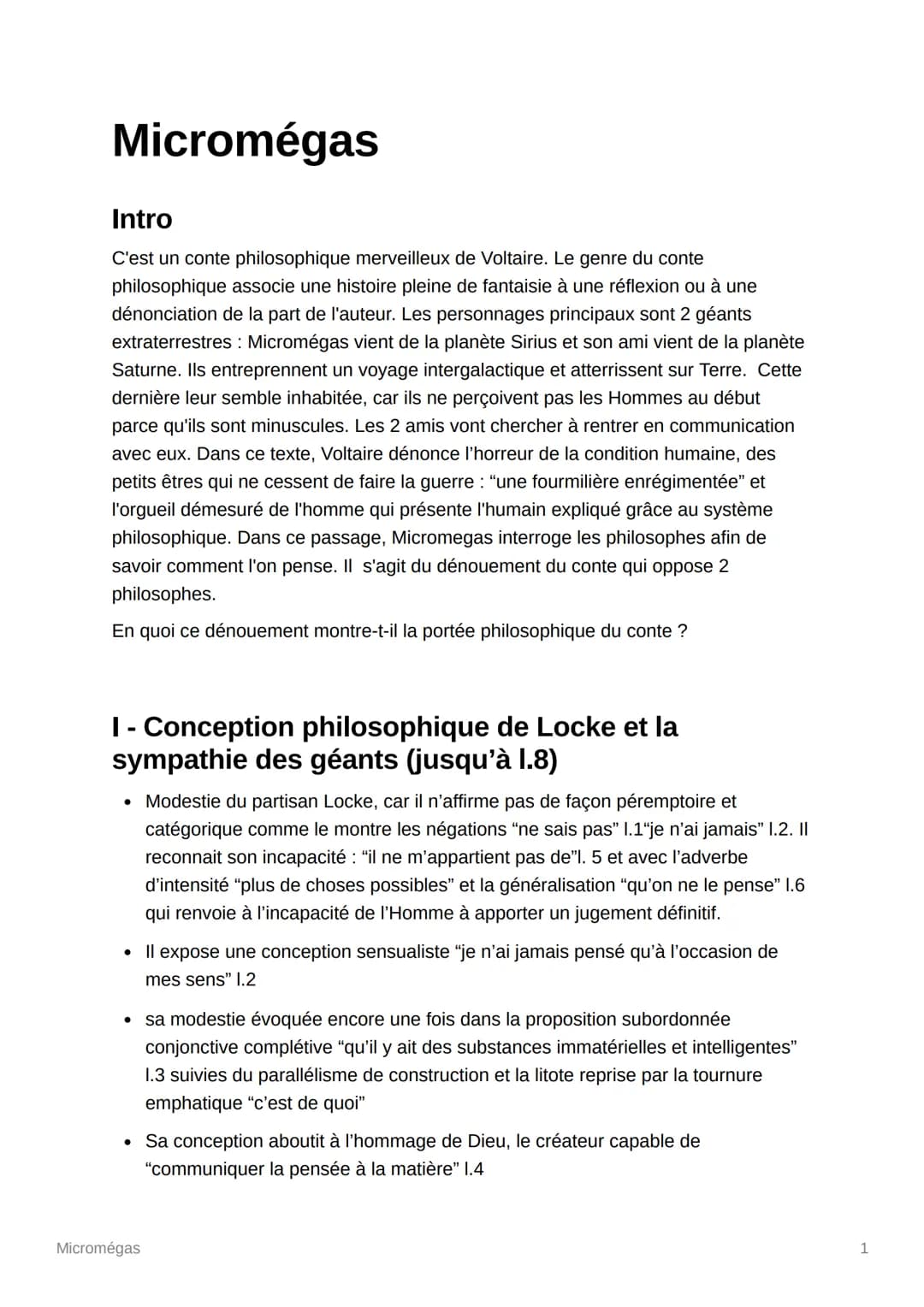 Micromégas
Intro
C'est un conte philosophique merveilleux de Voltaire. Le genre du conte
philosophique associe une histoire pleine de fantai