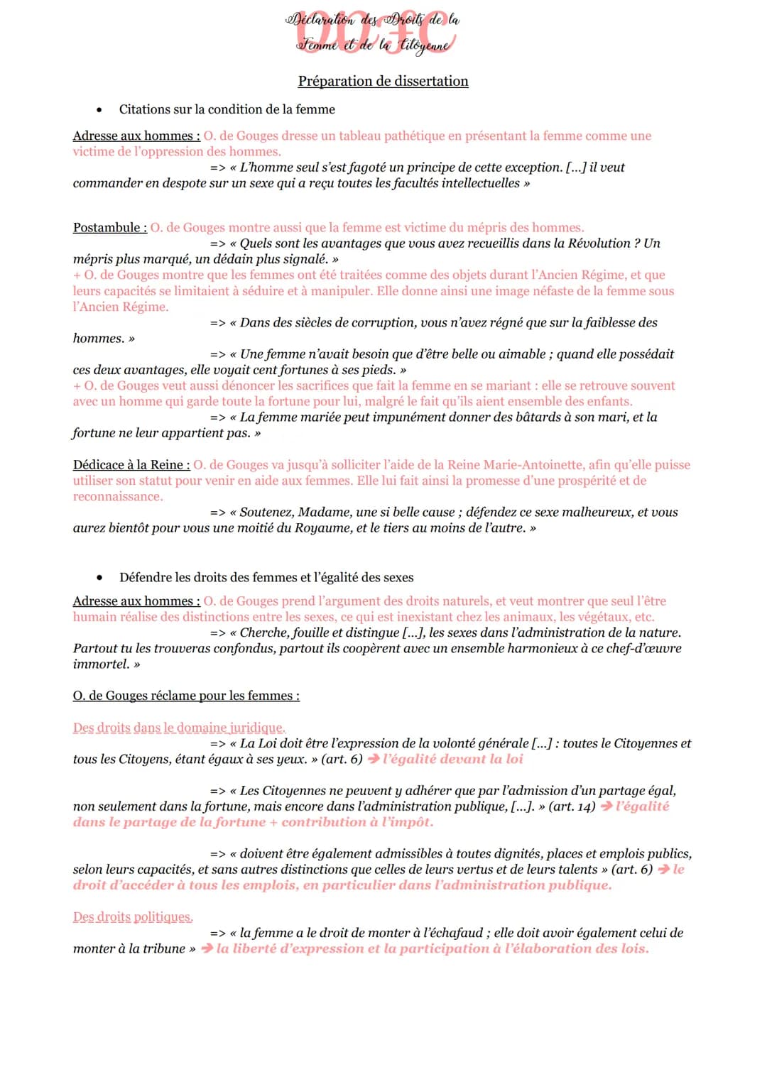 Déclaration des Droits de la
Femme et de la Citoyenne
Préparation de dissertation
Citations sur la condition de la femme
Adresse aux hommes: