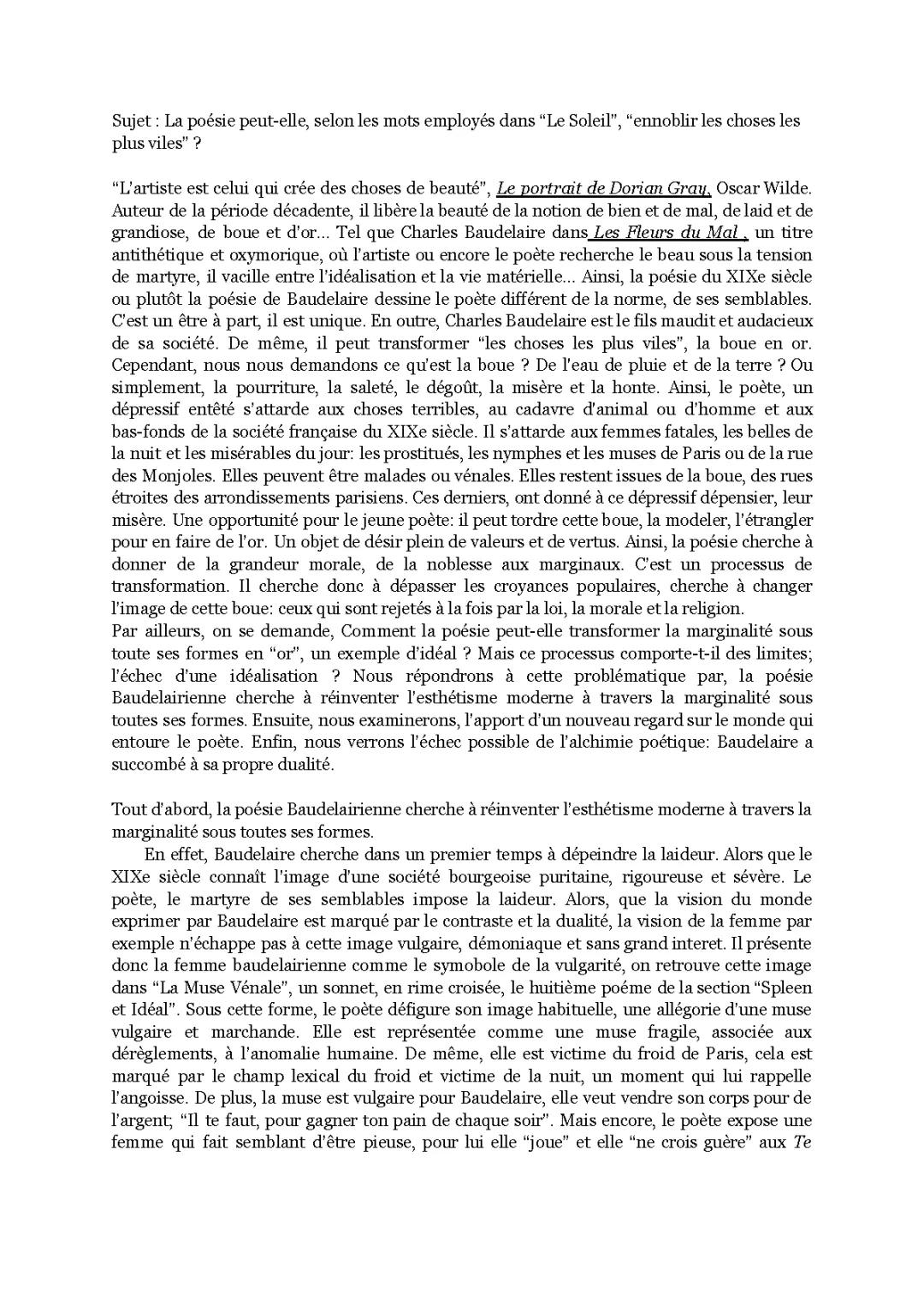 Sujet Dissertation Les Fleurs du Mal Corrigé - Analyse et Résumé par Chapitre