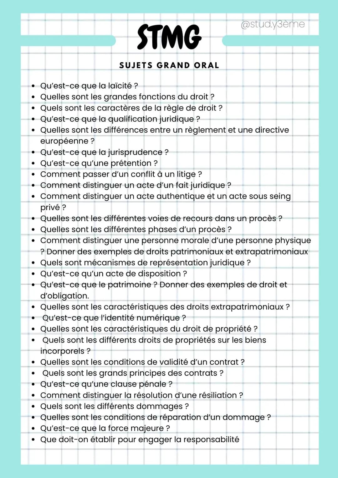 ●
●
Qu'est-ce que la laïcité ?
• Quelles sont les grandes fonctions du droit ?
• Quels sont les caractères de la règle de droit ?
Qu'est-ce 
