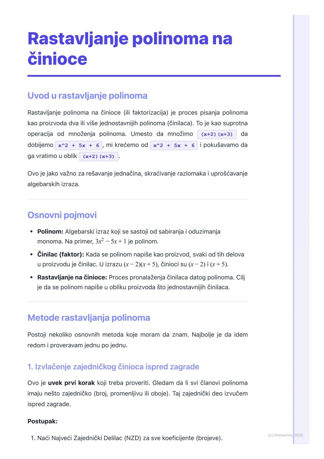 # Rastavljanje polinoma na
činioce

Uvod u rastavljanje polinoma

Rastavljanje polinoma na činioce (ili faktorizacija) je proces pisanja pol