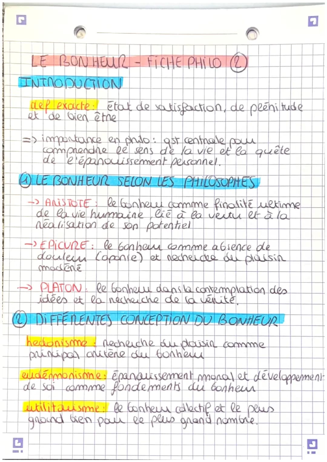 LE BONHEUR - FICHE PHILO 2
(2
INTRODUCTION
def exacte: état de satisfaction, de plénitude.
et de bien être
=> importance en philo: gst centr