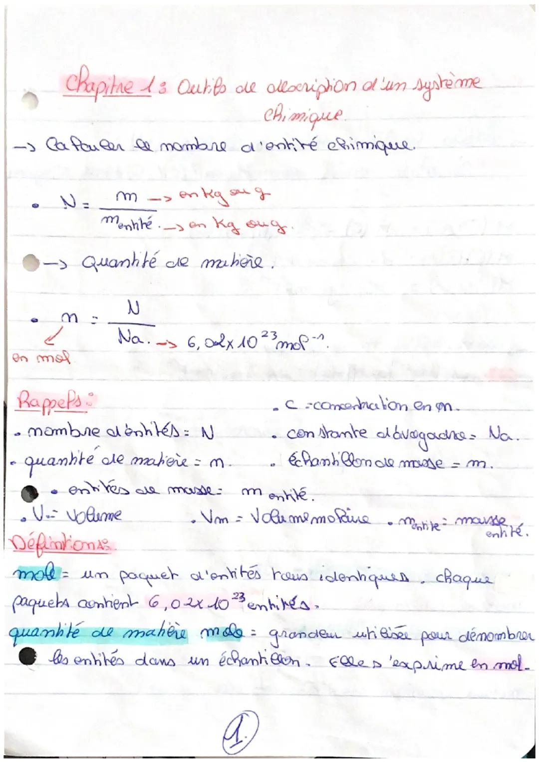 Chapitre 13 Outils de allscription d'un système
Chimique.
- Cafauber le mombre d'entité chimique.

- $N=\frac{m}{Menhté}$- en kg sug

- Quan