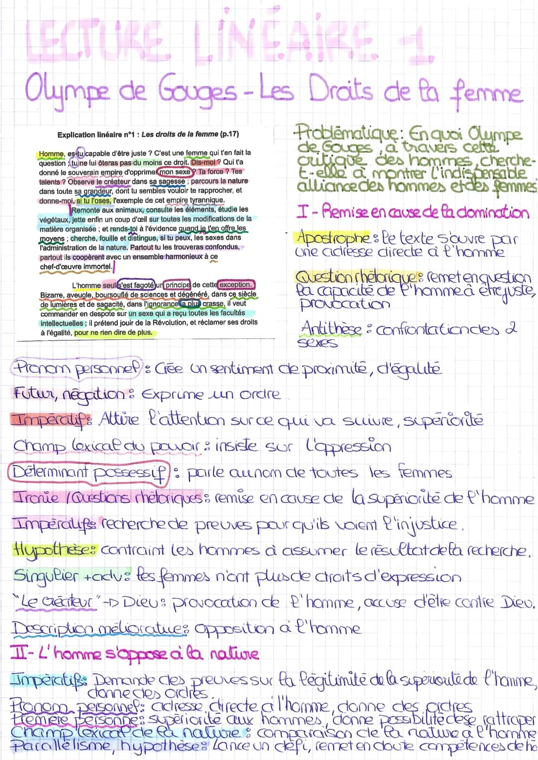 LECTURE LINEAIRE H 1
Olympe de Gouges-Les Droits de la femme
Explication linéaire n°1 : Les droits de la femme (p.17)
Homme, es-tu capable d