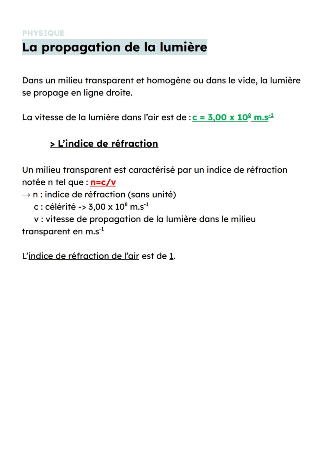 PHYSIQUE
La propagation de la lumière
Dans un milieu transparent et homogène ou dans le vide, la lumière
se propage en ligne droite.
La vite