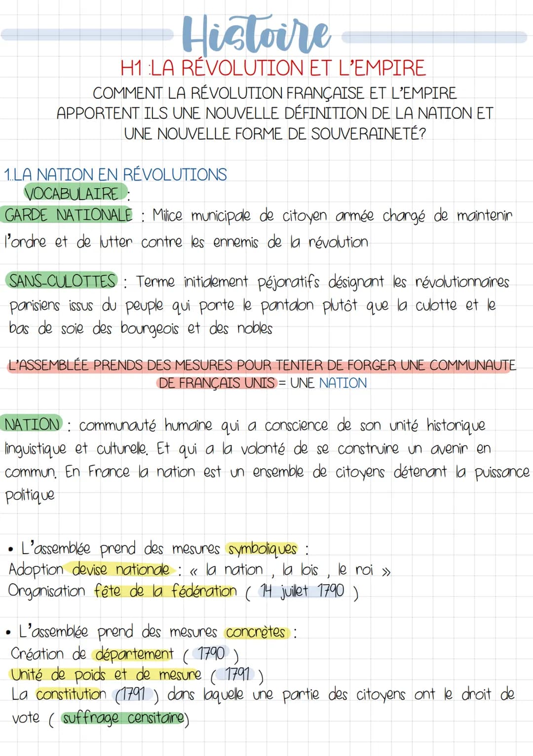 Histoire
H1 LA RÉVOLUTION ET L'EMPIRE
COMMENT LA RÉVOLUTION FRANÇAISE ET L'EMPIRE
APPORTENT ILS UNE NOUVELLE DÉFINITION DE LA NATION ET
UNE 