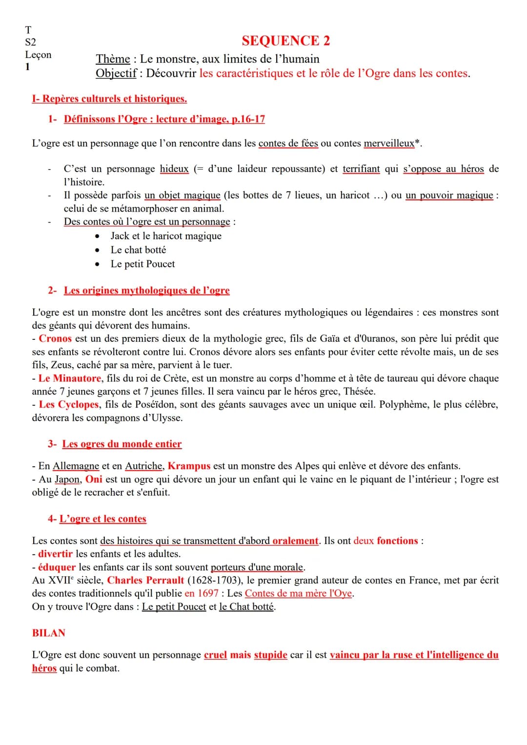 T
S2
Leçon
1
SEQUENCE 2
Thème : Le monstre, aux limites de l'humain
Objectif : Découvrir les caractéristiques et le rôle de l'Ogre dans les 