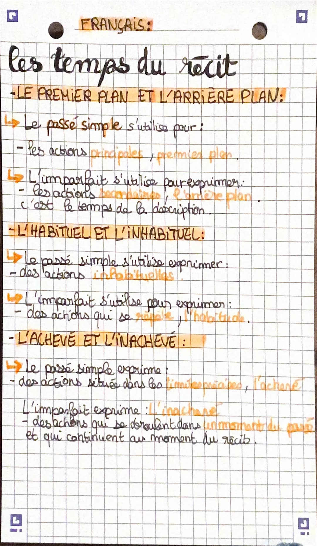 FRANÇAIS:
les temps du récit
-LE PREMIER PLAN ET L'ARRIERE PLAN:
1. Le passe simple s'utilise pour :
- Pes actions principales, premier plan