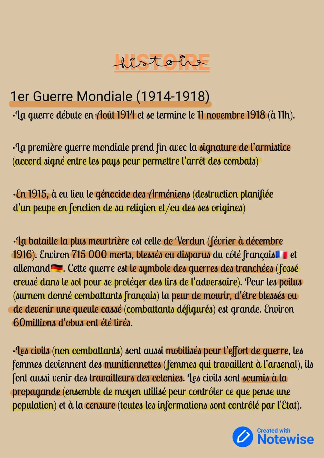 histoire
1er Guerre Mondiale (1914-1918)
•La guerre débute en floût 1914 et se termine le 11 novembre 1918 (à 11h).
•La première guerre mond