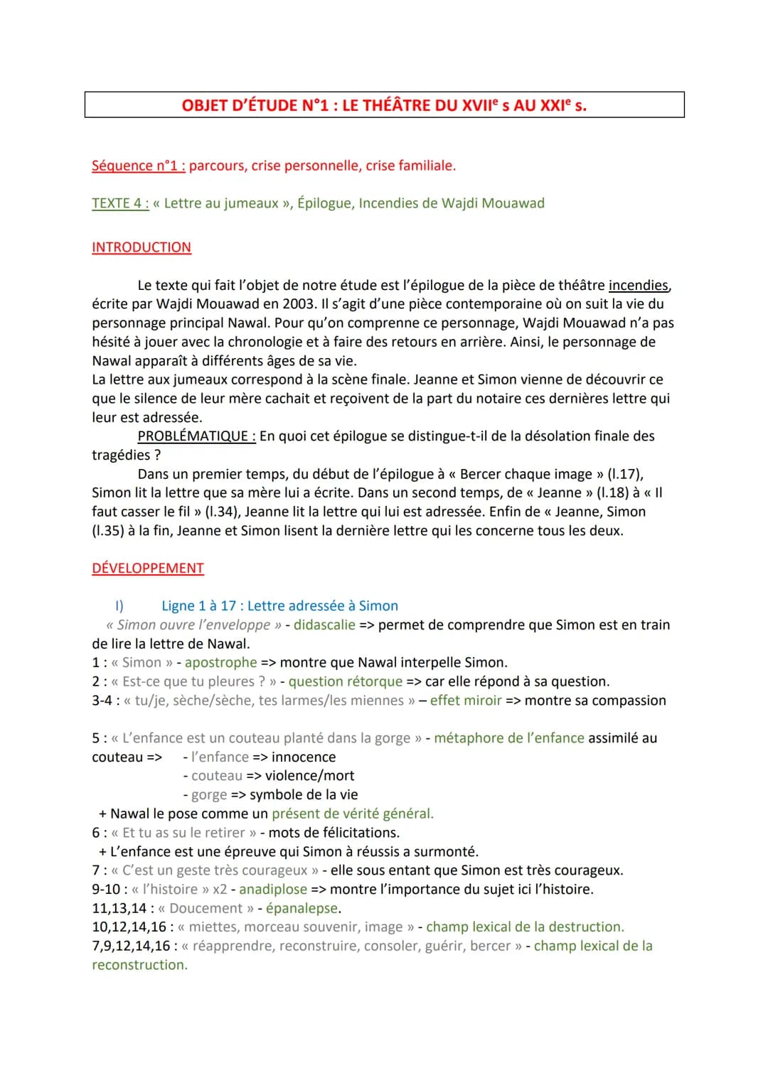 
<p>Le texte qui fait l'objet de notre étude est l'épilogue de la pièce de théâtre "Incendies", écrite par Wajdi Mouawad en 2003. Il s'agit 