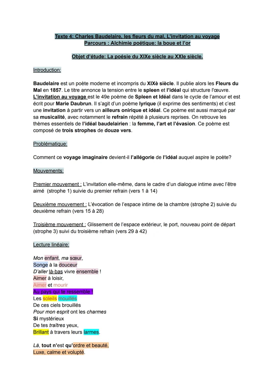 Texte 4: Charles Baudelaire, les fleurs du mal, L'invitation au voyage
Parcours : Alchimie poétique: la boue et l'or
Objet d'étude: La poési