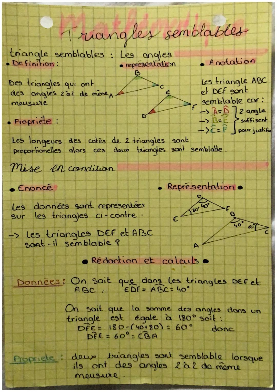 # Triangles semblables

trangle semblables: Les angles

• Definition:

Des triangles qui ont
des angles zaz de même A
meusure

• Propriete:
