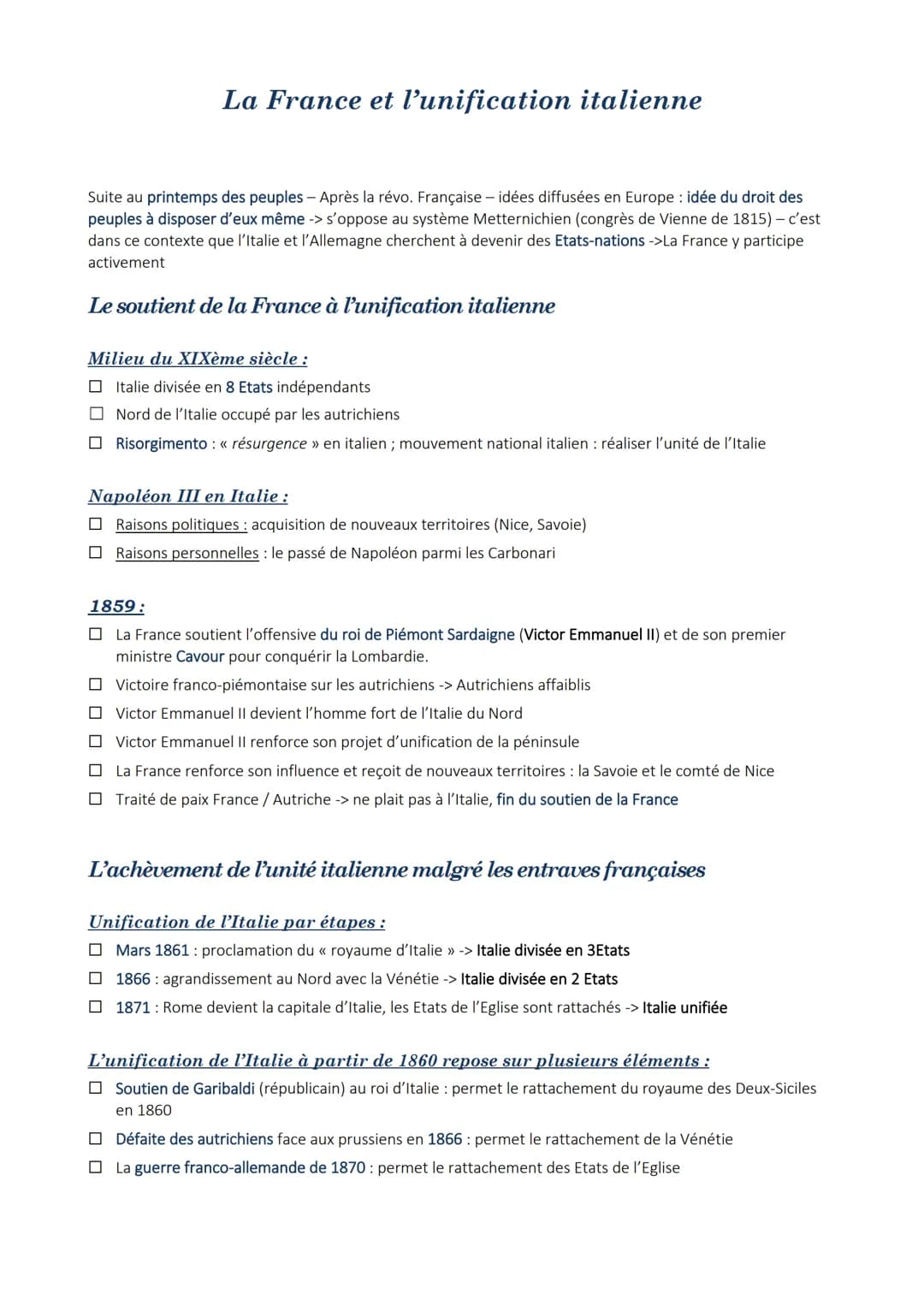 La France et l'unification italienne
Suite au printemps des peuples - Après la révo. Française - idées diffusées en Europe : idée du droit d