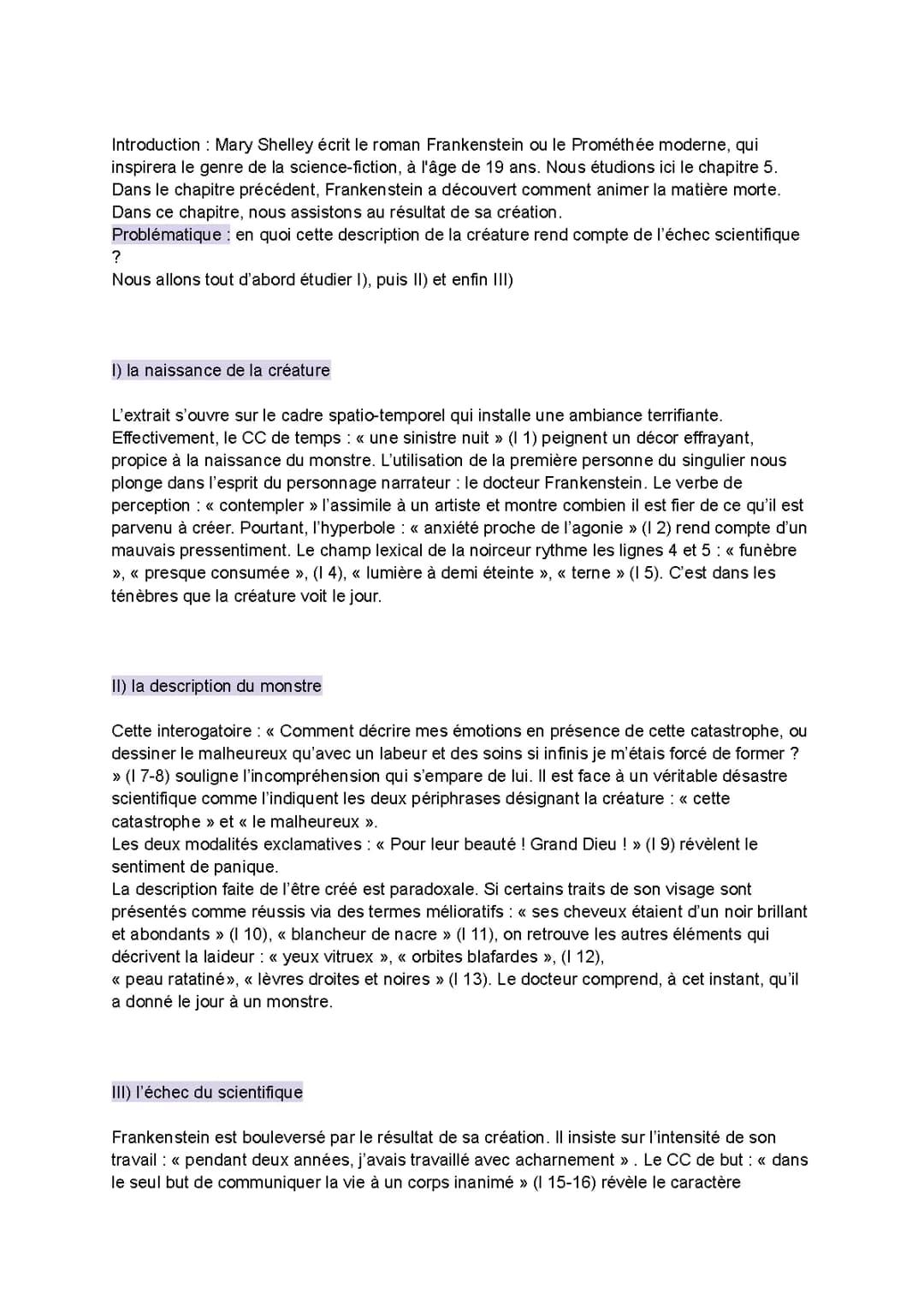 Frankenstein Mary Shelley - Chapitre 5 (Fiche de Lecture, Analyse, Résumé Collège)