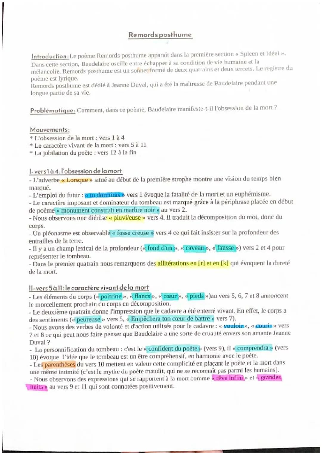 Lecture linéaire remords posthume Baudelaire 
