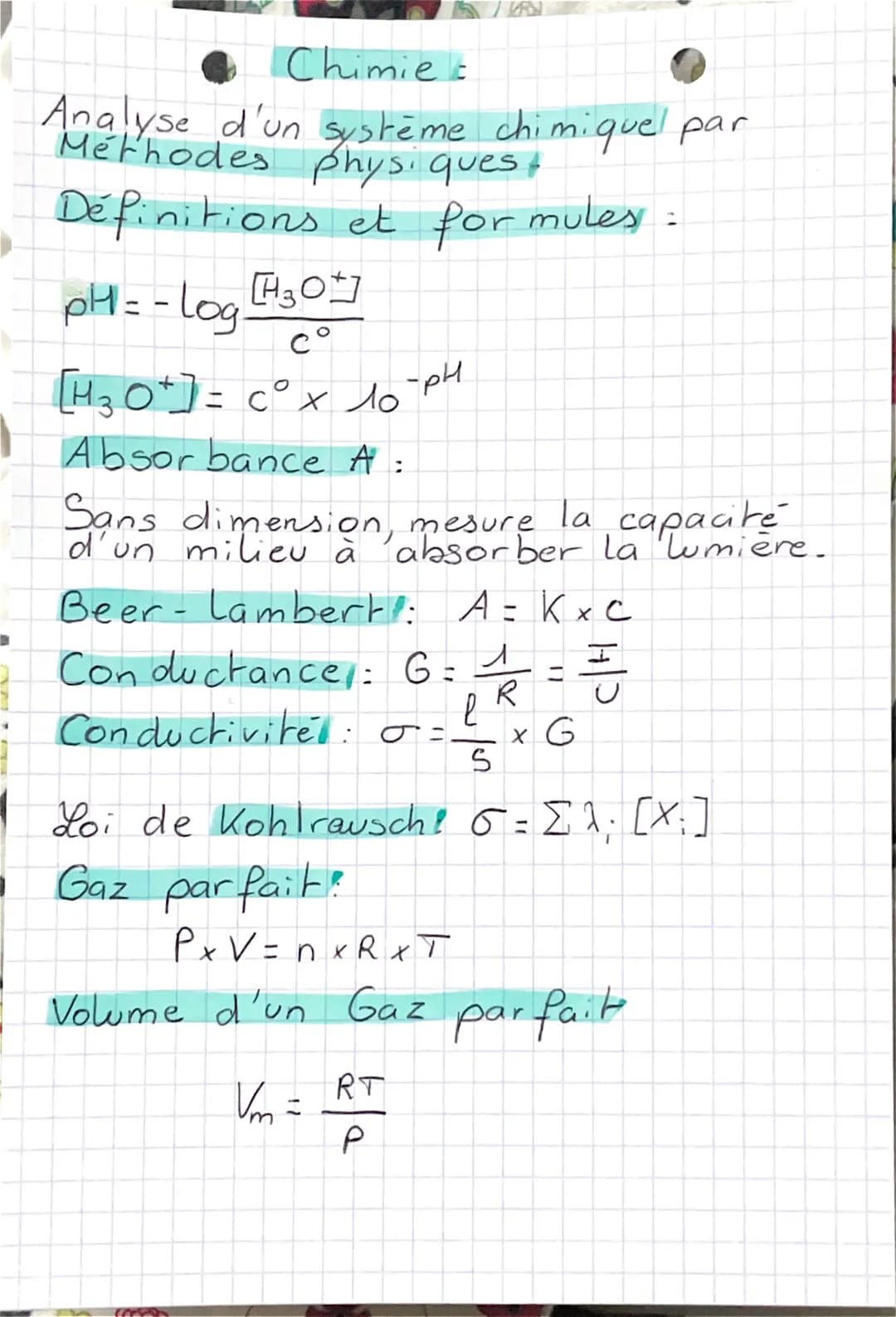 D
2
Chimie :
Analyse d'un système chimiquel par
Méthodes physiques.
Définitions et formules :
pH = -log.
P30]
Co
[H 3 O + ] = c° x 10
Absorb