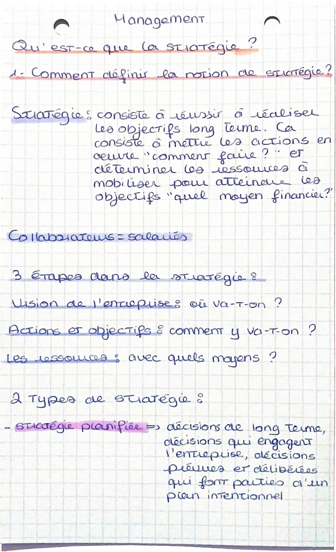 Management
Qu'est-ce
que la stratégia
1- Comment définir la notion de stratégie?
Stratégie & consiste à réussir à réaliser
Les objectifs lon
