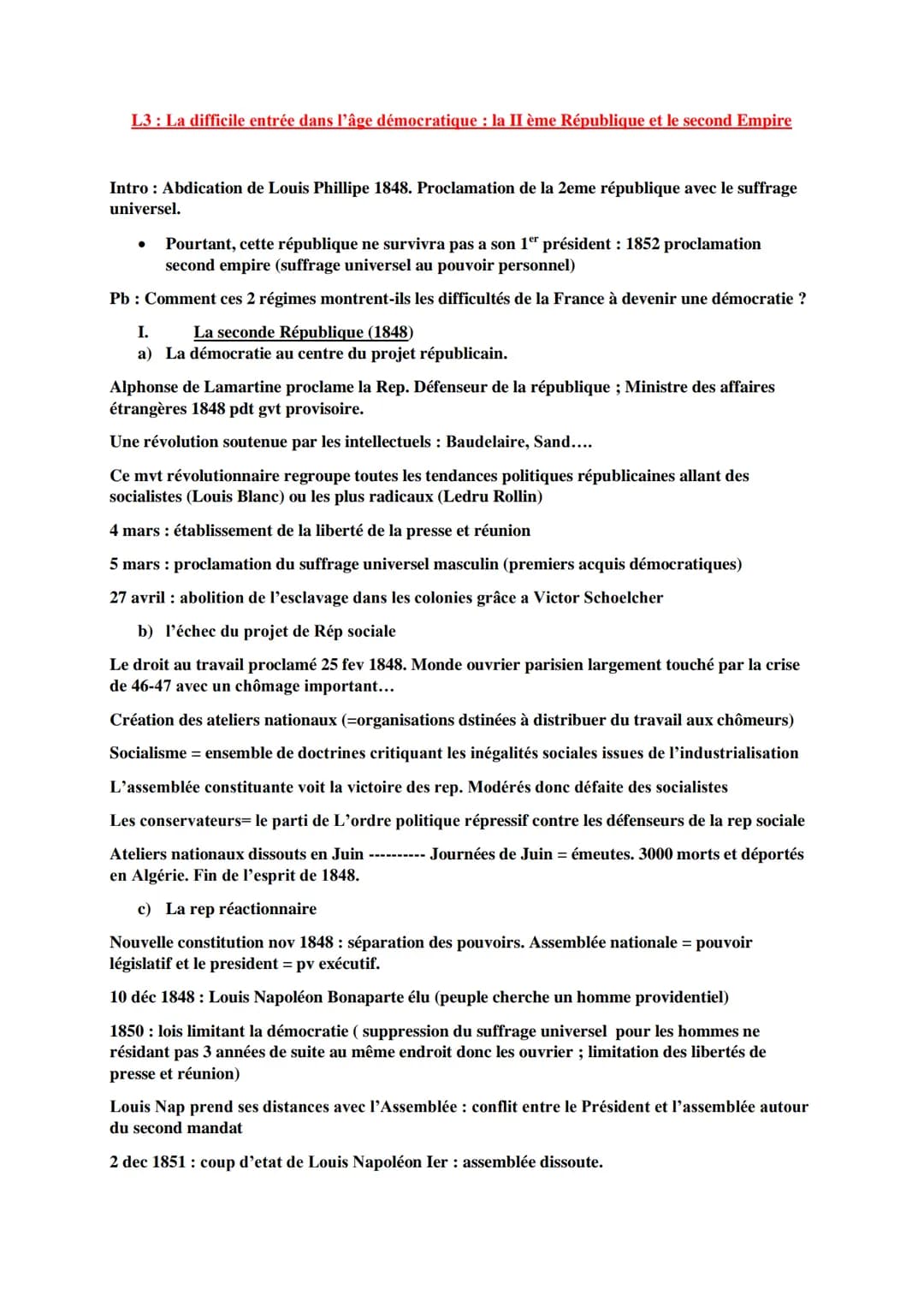 L3: La difficile entrée dans l'âge démocratique : la II ème République et le second Empire
Intro: Abdication de Louis Phillipe 1848. Proclam