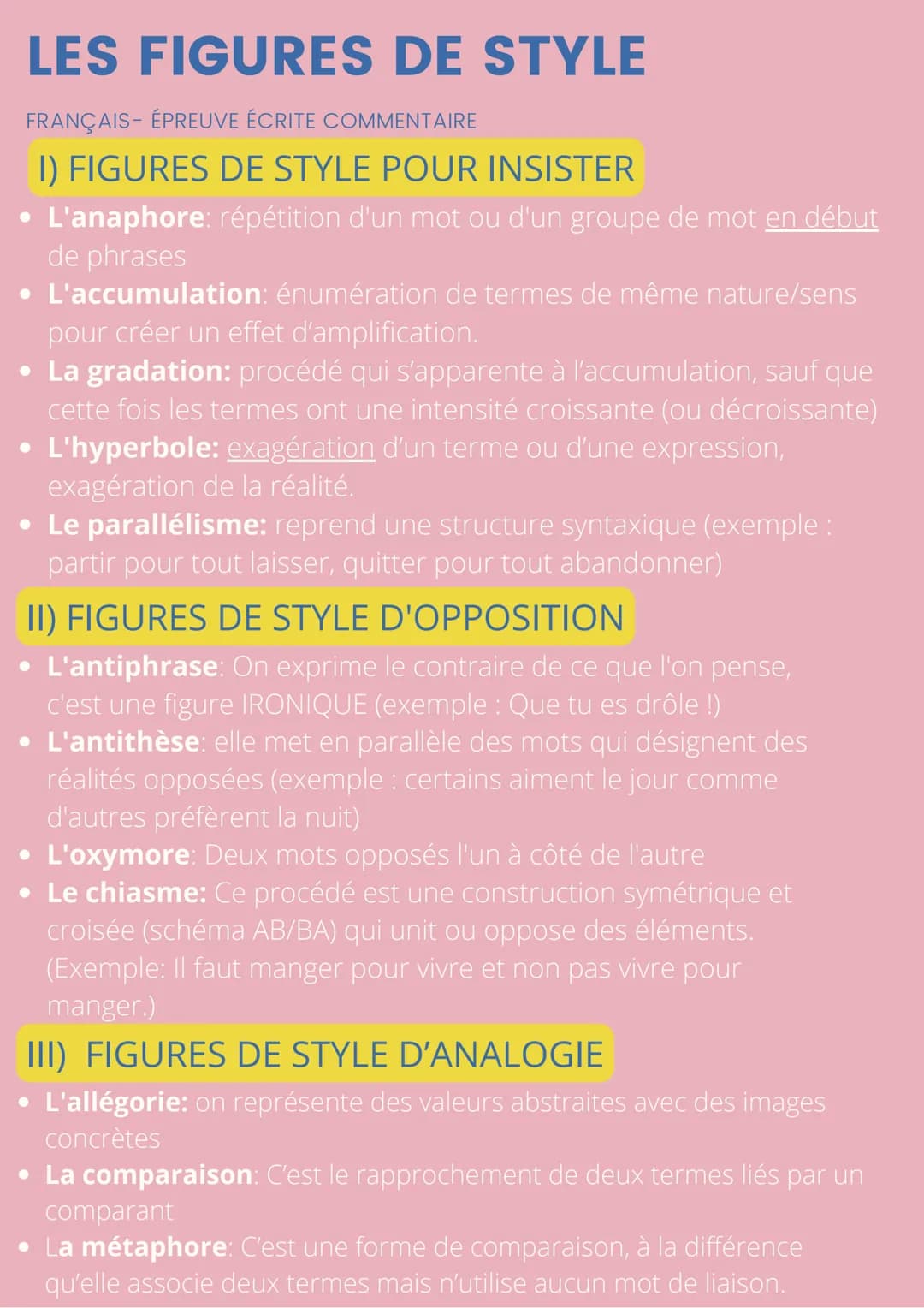 LES FIGURES DE STYLE
FRANÇAIS- ÉPREUVE ÉCRITE COMMENTAIRE
I) FIGURES DE STYLE POUR INSISTER
L'anaphore: répétition d'un mot ou d'un groupe d