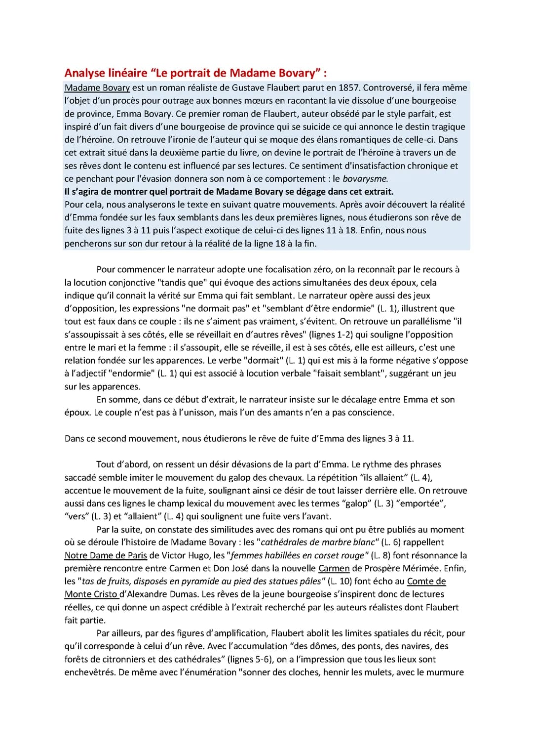 Le portrait de Madame Bovary, 2ème partie Chap 12, Analyse linéaire