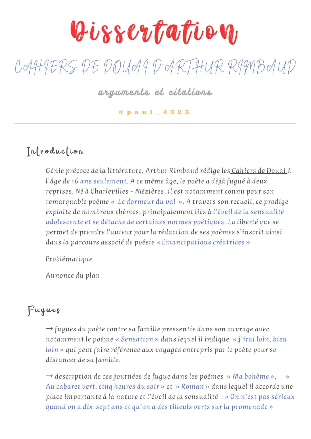 --- OCR Start ---
Dissertation
CAHIERS DE DOUAI D'ARTHUR RIMBAUD
arguments et citations
@paul-4523
Introduction
Génie précoce de la littérat
