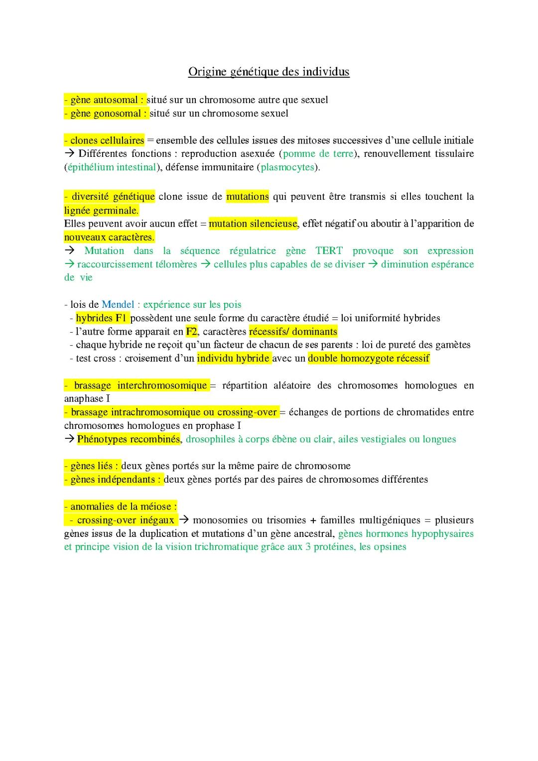 L'Origine du Génotype des Individus - Exercices Corrigés PDF