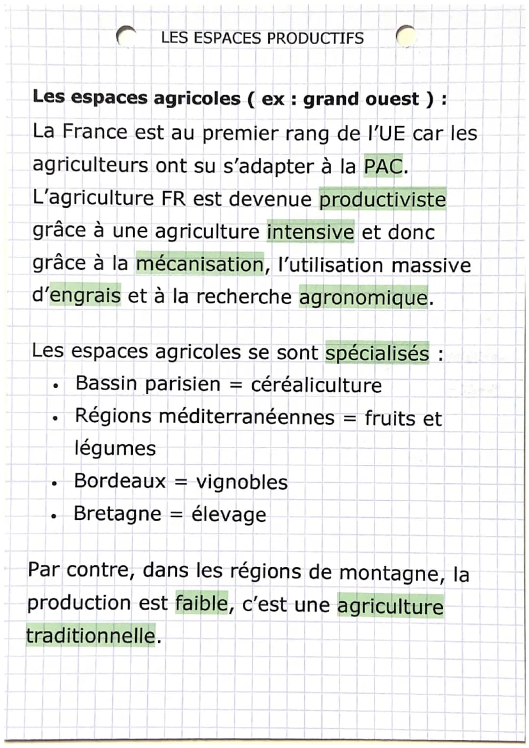 C
LES ESPACES PRODUCTIFS
Les espaces agricoles (ex : grand ouest) :
La France est au premier rang de l'UE car les
agriculteurs ont su s'adap