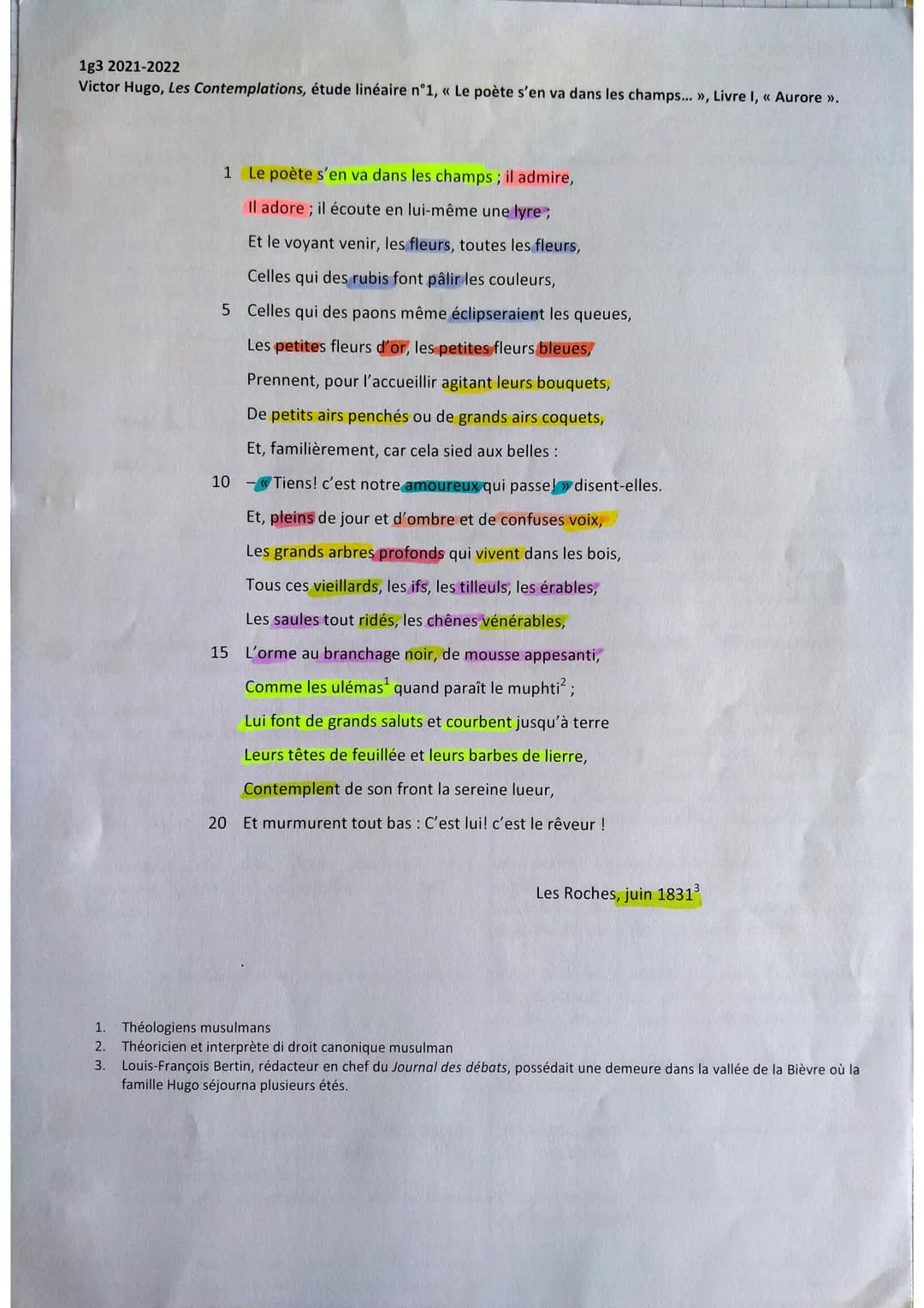 1g3 2021-2022
Victor Hugo, Les Contemplations, étude linéaire n°1, « Le poète s'en va dans les champs... »>, Livre I, «< Aurore >>.
123
1 Le